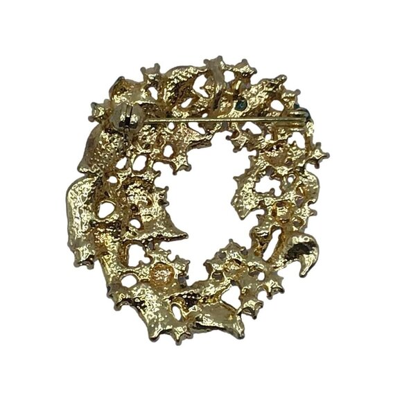 Christmas Wreath Brooch Red Green Rhinestone Pendant Option Gold Tone - Picture 3 of 3